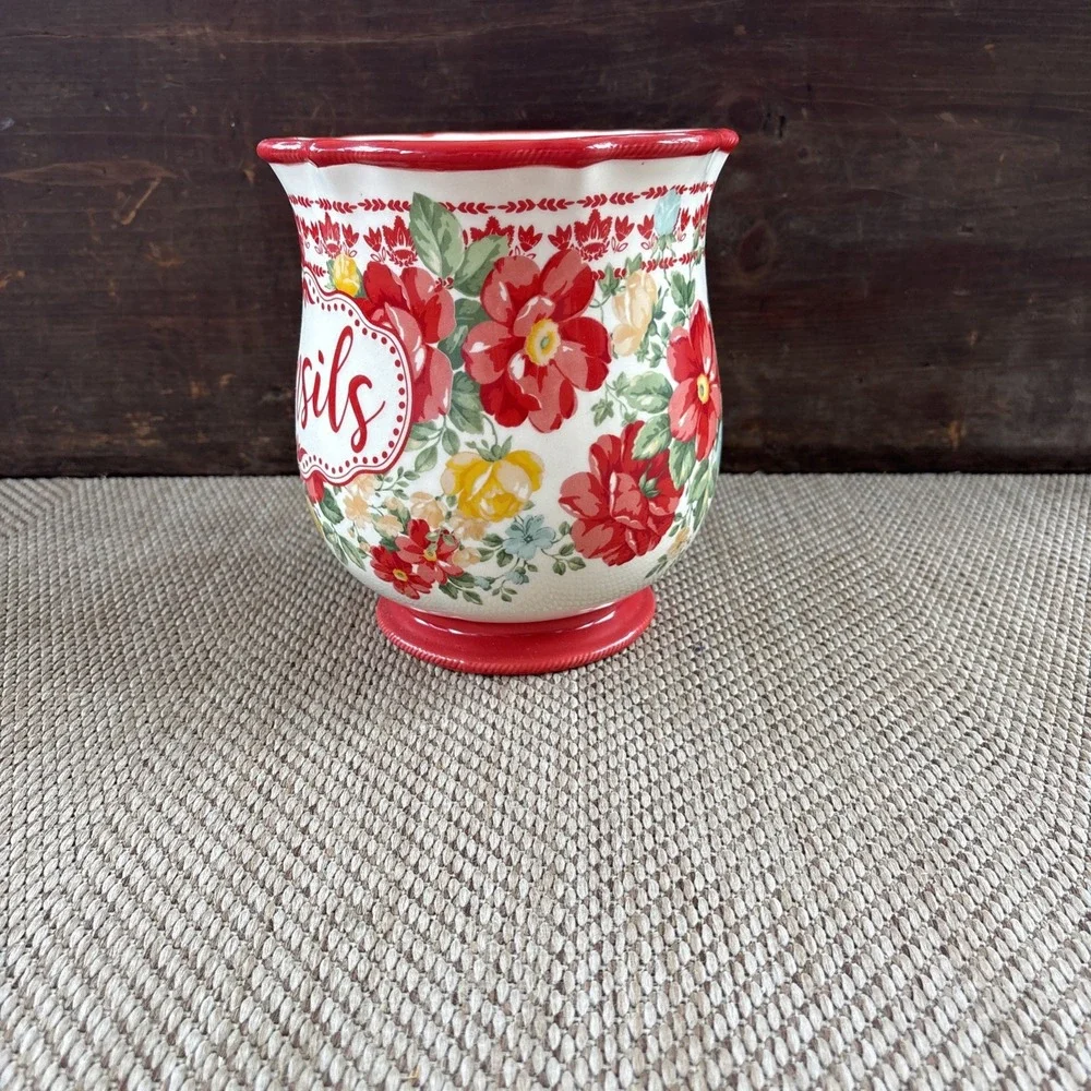 Pioneer Woman Vintage Floral Stoneware Utensil Holder Crock Red Discontinued
